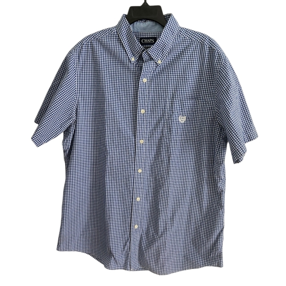 Chaps Easy Care Navy Plaid Men's Short Sleeve Button Up Size XL